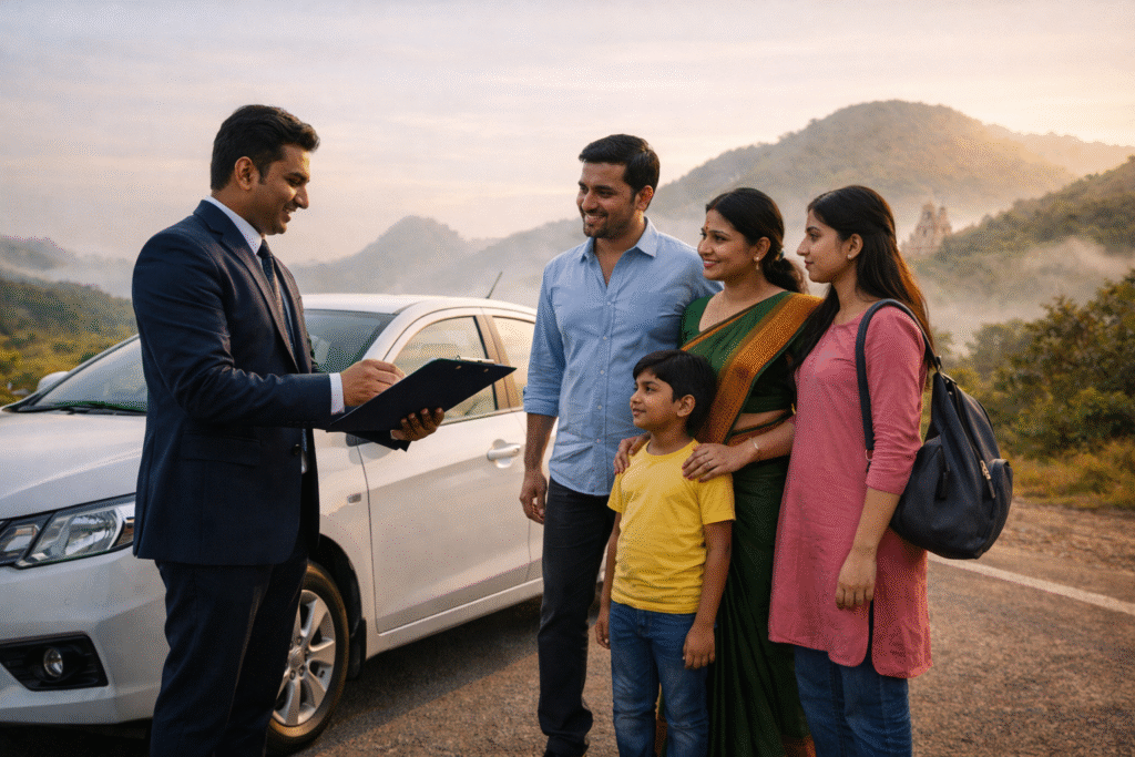 professional travel coordinator assisting family for Tirupati car package