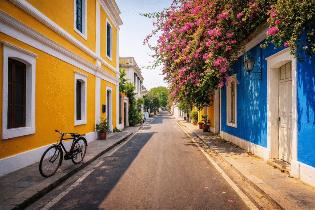 Colorful French colonial street in White Town Pondicherry with heritage buildings