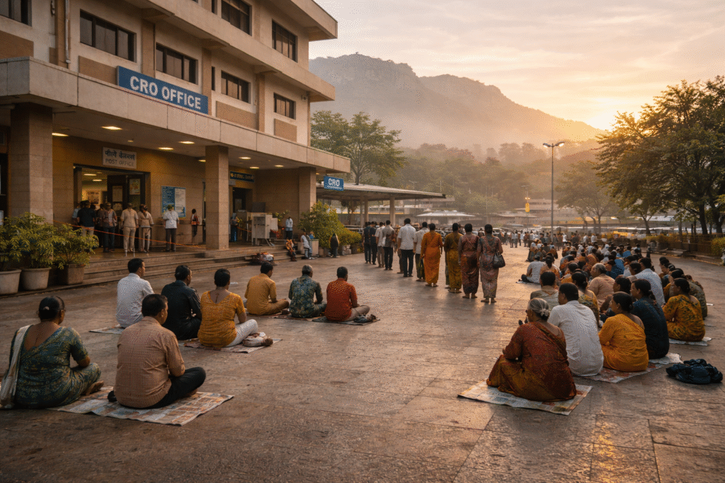 Early morning outside the Tirupati CRO Office with devotees waiting patiently before counter opening in a calm and peaceful atmosphere.
