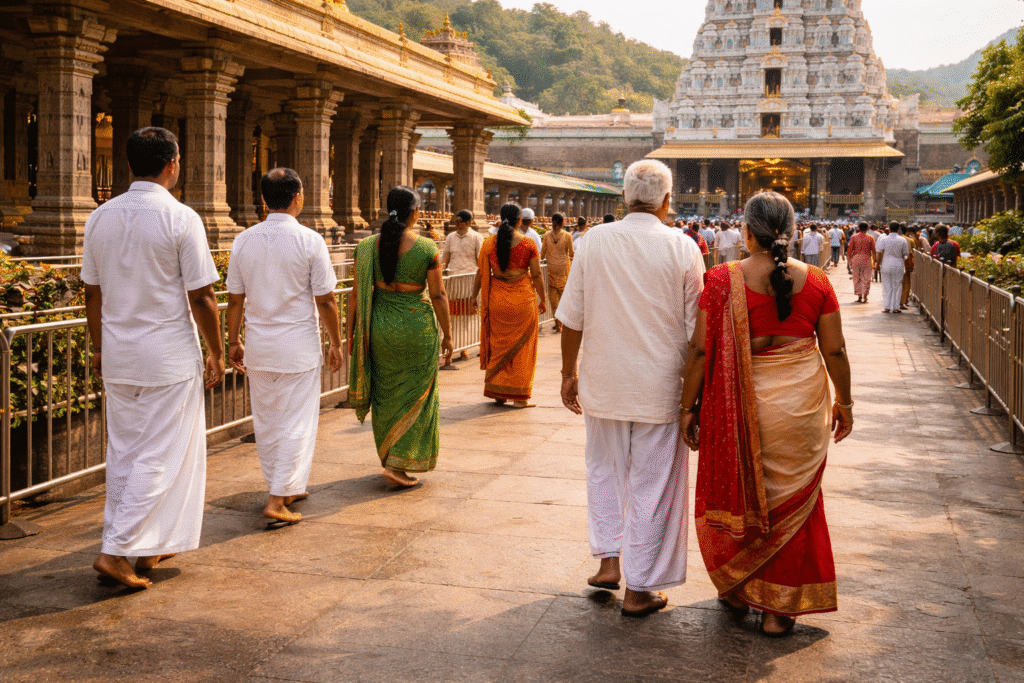 Devotees following Tirupati Darshan dress code at Tirumala