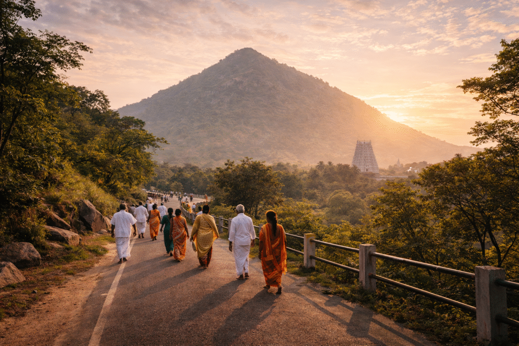 Devotees walking Girivalam path around Arunachala hill in Thiruvannamalai