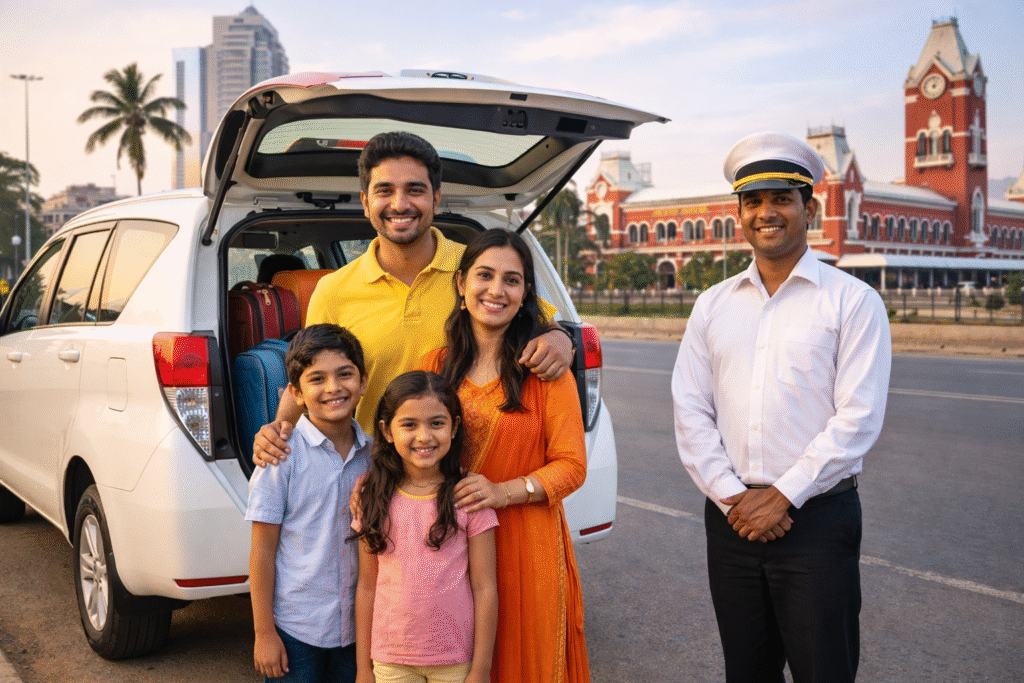 Happy Indian family with white SUV and professional driver in Chennai