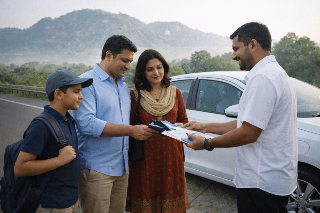 Professional travel coordinator assisting NRI family beside private AC car near Tirumala