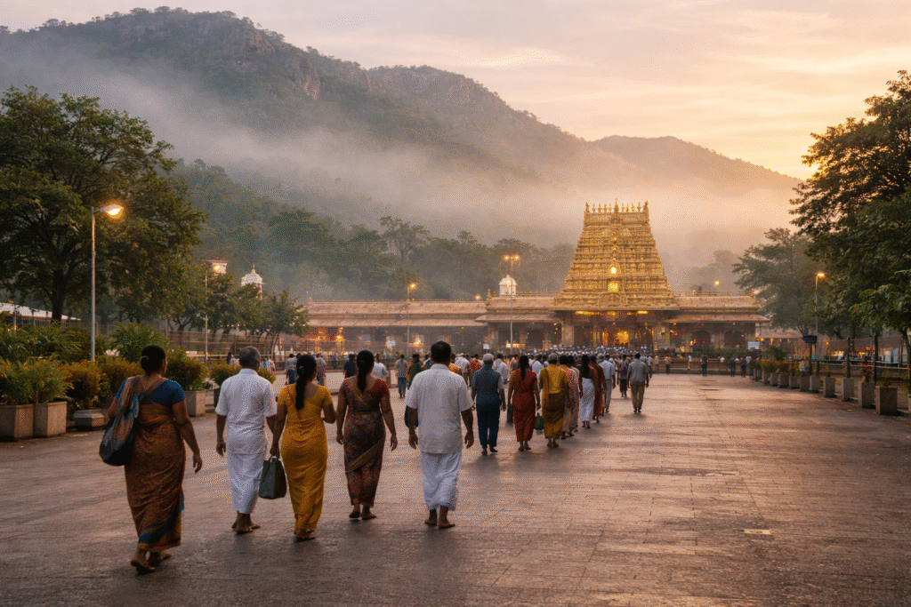 Early morning view of devotees walking towards Tirumala temple, with misty hills and traditional South Indian temple surroundings.