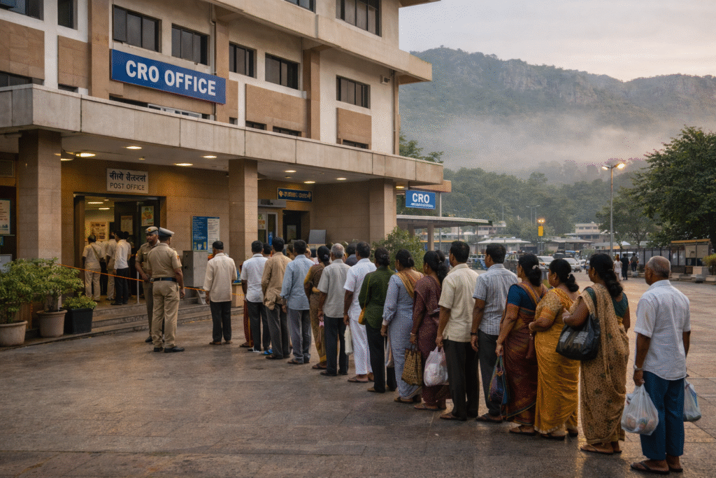 Early morning view of the Tirupati CRO Office with devotees standing in an organized queue for the Srivani Darshan offline process.