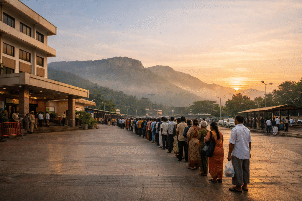 Early morning view of Tirupati CRO Office with devotees standing in an organized queue, Tirumala hills visible in the background under soft sunrise light.