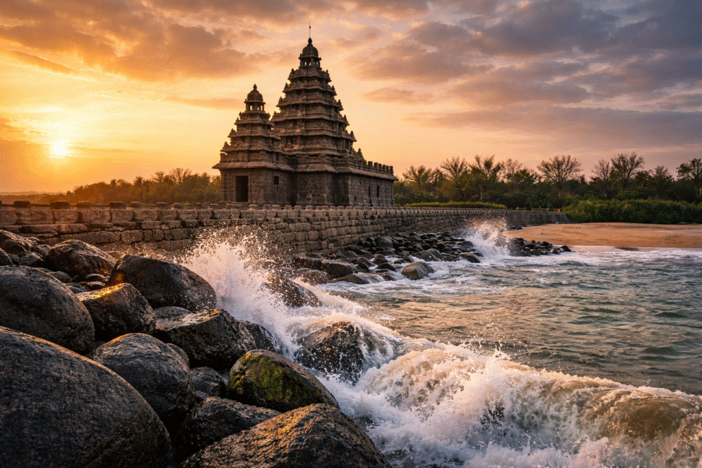Ancient Shore Temple Mahabalipuram on beach at sunset