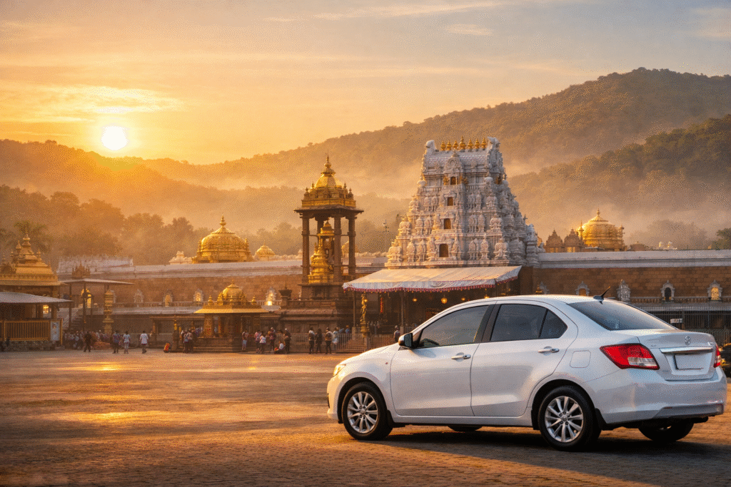 Tirumala Venkateswara Temple at sunrise with private AC car representing Tirupati NRI Darshan online booking and comfortable pilgrimage travel