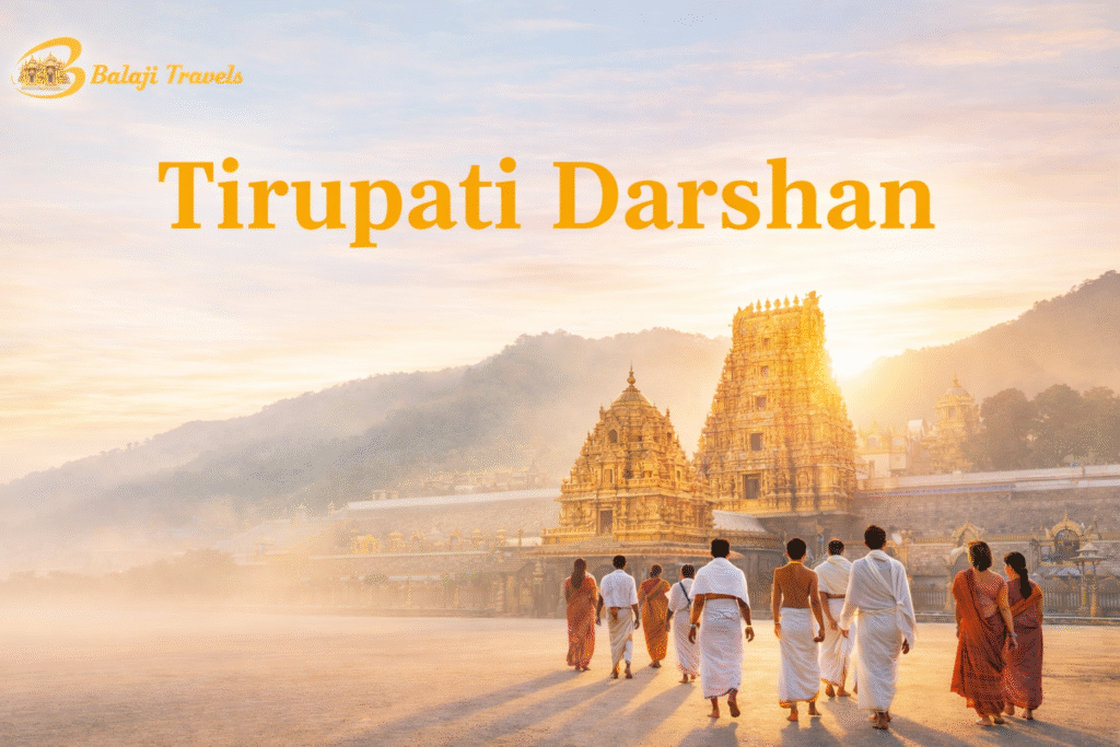 Tirupati Darshan devotional travel banner showing Tirumala Venkateswara Temple at sunrise with devotees walking peacefully and Balaji Travels logo
